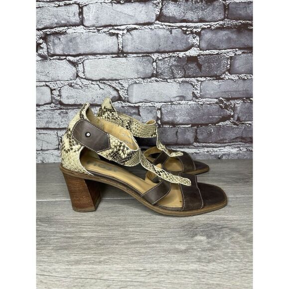 Fidji Ivory Leather Snake Skin Anke Strap Print Brown Heel Sandals Women 38.5EU - Picture 16 of 16